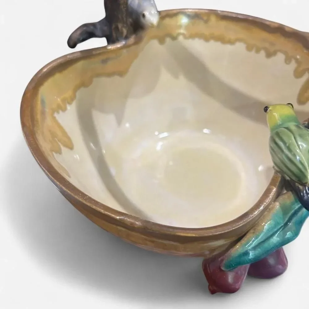 Vintage Sculpted Ceramic Fruit Basket with Bird Accents